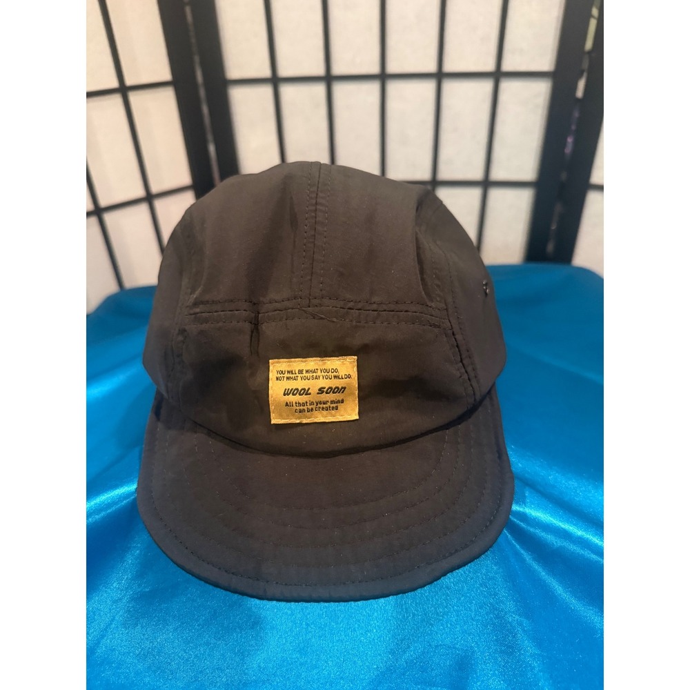 "Wool Soon" Black 5 Panel Camp Cap NWOT Adjustable Orange Strap Unisex